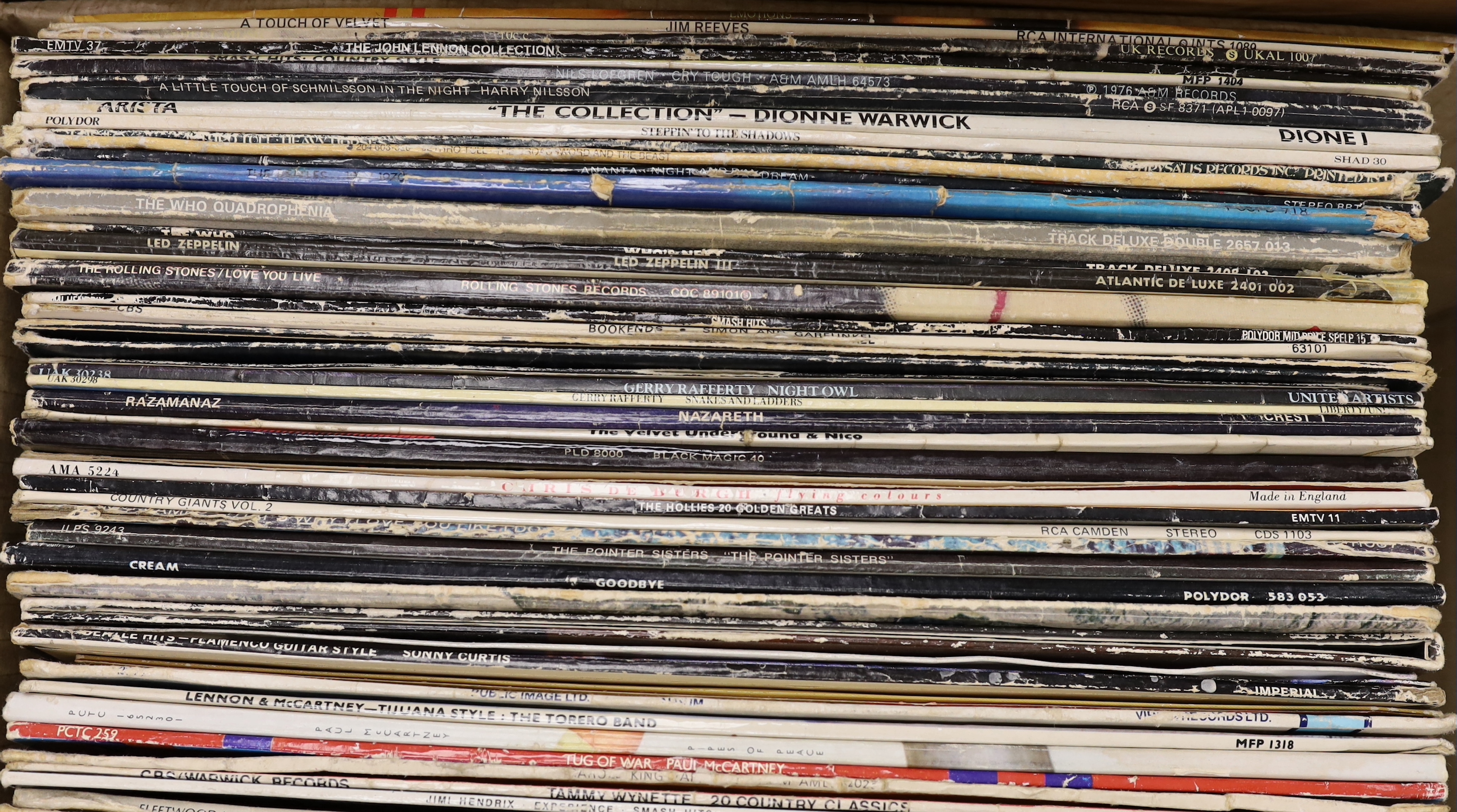 Fifty-eight mostly 1970's/80's LPs etc., including Jimi Hendrix, Tammy Wynette, Paul McCartney, Pink Floyd, Led Zeppelin, cream, The Pointer Sisters, The Hollies, The Velvet Underground, Rolling Stones, The Who, the Beat